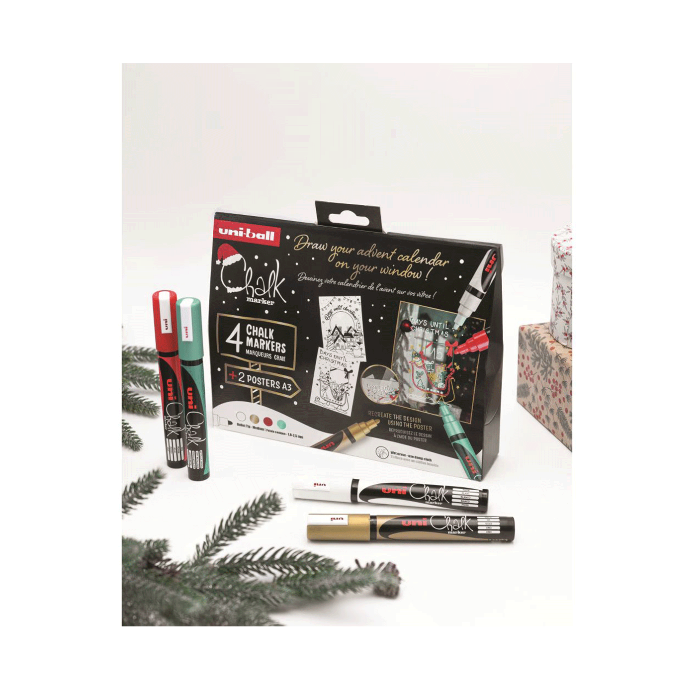 Uni markeri Tekuća Kreda 4 kom 1,8-2,5 mm poklon set u kutiji + šablone 1097574